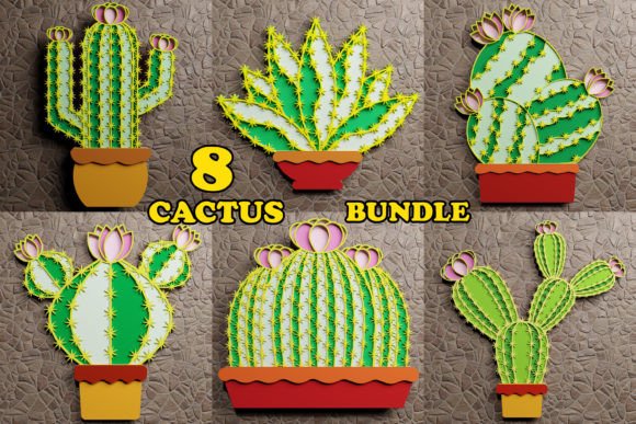 3D SVG Cactus Multilayered Papercut Bun for Graphics and Crafts