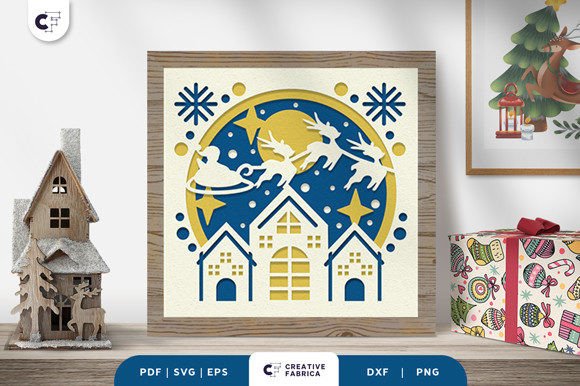 Santa Sleigh Above the Village 3D SVG